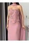 Powder Strapless Floral Motif Shawl Detailed Long Evening Dress - 5