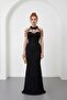 Women's Black Collar Detail Beaded Long Evening Dress - 2