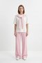 Pink Crew Neck Short Sleeve Tie-Down Blouse Trousers Set 26624 - 2