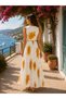 Yellow Patterned Pleated Long Dress – with Thin Belt Detail - 3