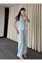 Blue 100% Cotton Shoulder-Waist Drawstring Blouse and Trousers Set - Y286120 - 7