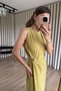 Oil Green Gathered Waist Dress with Buckle Detail and Slit - 5