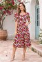Women's Red Midi Length Floral Patterned Square Collar Summer Viscose Dress Nbelb12