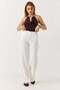 Women's white relaxed fit fabric pants with cross zipper and button detail - 2