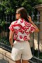 Women's Red-White Striped Short Sleeve Shirt Arm-19Y001067 - 2
