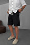 Men's Black Lightweight Casual Linen Muslin Shorts with Double Cuffs and Back Pockets - 4