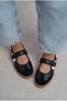 Women's Black Leather Velcro Mary Jane Ballerina Flat Sole Casual Shoes - 3