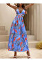 Women's Halter Neck V-Neck Slit Long Patterned Single Jersey Dress with Rope Straps - 6