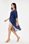 Navy Blue Italian Special Design Front Slit Bat Sleeve Lined Silk Tunic Blouse 38 - 44 Size - 3
