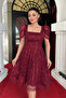Full Beaded Fabric Square Neck Midi Dress - Bordo - 4