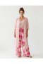 Women's Pink Tropical Leaf Patterned Slit Trousers Kimono Linen Set