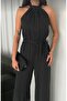 Women's Black Polka Dot Halter Neck Belted Lined Loose Wide Leg Summer Jumpsuit - 4