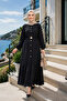 Women's Buttoned Belted Strawberry Fabric Black Dress - 2