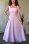 Square Neck Flared Midi Pink Dress with Scarf Detail at the Back - 2