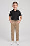 Boys' Black Short Sleeve Polo Collar T-Shirt Beige Ribbed Waist Canvas School Pants Bottom Top School Outfit - 2