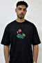 Pink Oxalis Design Printed Oversize Black T-Shirt