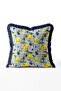 Mediterranean Ceramic Patterned Lemon Olive Motif Fringed Throw Pillow Cover - Navy Blue Tasseled Pillowcase