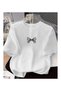Women's Cotton Minimal Bow Printed Oversize Crew Neck Casual T-Shirt