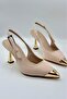Metal Accessory Detailed Gold Heeled Shoes Stiletto Beige Satin - 6