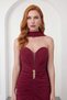Women's Burgundy Slim Fit Strapless Collar Shawl Detail Slit Long Evening Dress - 3