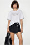Women's White Glittery Stone Text Printed Crew Neck Oversize Basic T-Shirt 2244 60286376