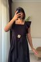 Ruffle Detail Belted Square Neck Black Long Dress - 5