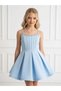 Girl's Stone Embellished Blue Evening Dress with Pleated Detail