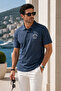 Men's Smoke Blue Polo Collar Embroidered Pique T-Shirt - 4