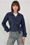Women's Navy Blue Double-Breasted Collar Belted Lined Short Trench Coat Hzl25W-Bd159701