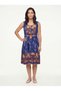 Women's Summer Midi Dress Sleeveless Ethnic Floral Patterned Viscose Tassel Detailed Navy Blue