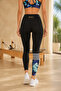 Women's Black Tropical Leaf Patterned High Waist Gathering Tights with Stripe Detail - 5