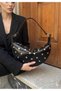 Half Moon Women's Shoulder Bag with Metal Staple Detail - Shiny Leather Look Bag - 4