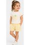Girl's T-Shirt with Ruffled Sleeves and Flower Lettering, Floral Pattern, Yellow Color Shorts Set - 2