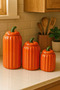 3-Piece Orange Lidded Striped Porcelain Jar Storage Set, with Tea, Sugar, Coffee, Salt Labels and Gift