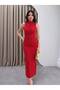 Red Draped Slit Midi Dress - 4114