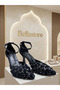 Black Lace Embroidered Stiletto Shoes - 4
