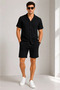 Men's Crepe Fabric Breathable Short Sleeve Shirt Pocket Shorts Bottom Top Set - Black - 4