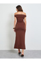Brown Off Shoulder Maxi Dress with Buckle Detail - 4