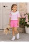 Bib Lace Collar Gathered Sleeve Pink Color Plaid Gathered Top Bow Detail Shorts Set - 2
