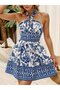 Women's Patterned Short Single Jersey Dress with Open Shoulder Detail and Tie Back Neckline - 3