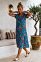 Petrol Green V-Neck Short Sleeve Patterned Casual Viscose Woven Dress 113 64 - 5