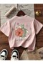 Pink Oversize Cotton T-Shirt with Turtle and Flower Print, Relaxed Fit, Unisex - 4