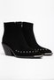 Black Matte Suede Flat Trok Detail Zippered Metal Toe Western Cowboy Short Ankle Boots