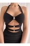 Women's Black Window Detailed Stoned Mini Dress Yel0751 - 2
