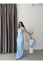 Baby Blue Strapless Floral Stone Embroidered Long Evening Dress with Shawl Detail - 2