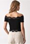 2160 Women's Madonna Collar Lace Detailed Crop Blouse Black - 5