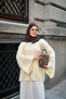 Women's Front Lace Detailed Wide Sleeve High Collar Tulle Kimono Yellow - 4