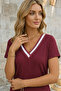 Women's Contrast Stripe Detailed V-Neck Wrinkled Stylish Blouse - 3