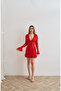 Women's Red Sleeves Tulle V-Neck Draped Mini Dress - 3