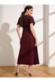 Burgundy A-Line Midi Dress With Pleated Detail - 5